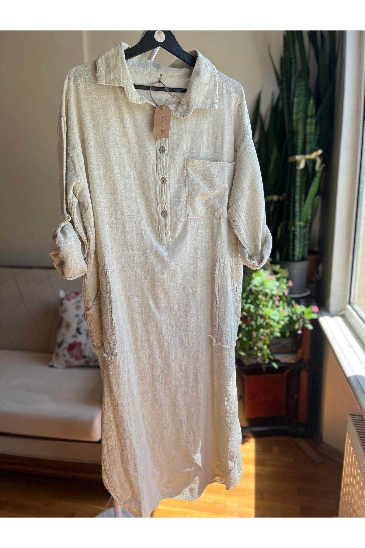 Bohemian Style 100% Cotton Linen Look Dress – Standard Size, Flowy & Chic