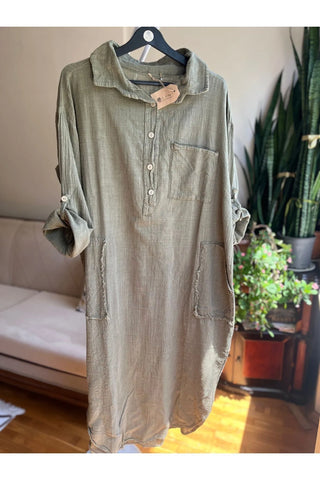 Bohemian Style Khaki 100% Cotton Linen Look Dress – Standard Size, Flowy & Chic