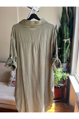 Bohemian Style Khaki 100% Cotton Linen Look Dress – Standard Size, Flowy & Chic