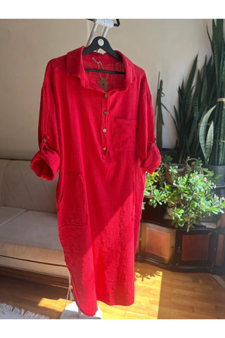 Bohemian Style Red 100% Cotton Linen Look Dress – Standard Size, Flowy & Chic