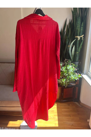 Bohemian Style Red 100% Cotton Linen Look Dress – Standard Size, Flowy & Chic