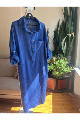 Bohemian Style Blue 100% Cotton Linen Look Dress – Standard Size, Flowy & Chic