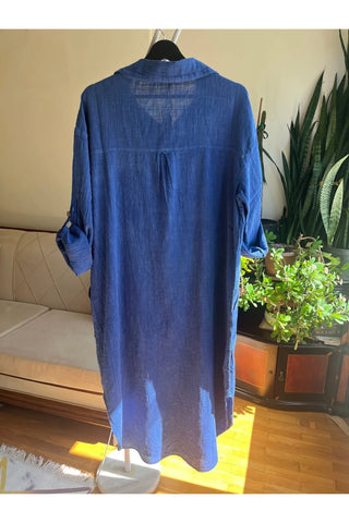 Bohemian Style Blue 100% Cotton Linen Look Dress – Standard Size, Flowy & Chic