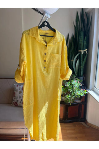 Bohemian Style Yellow 100% Cotton Linen Look Dress – Standard Size, Flowy & Chic