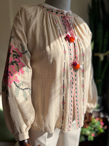 Rose Embroidered Bohemian Jacket – Vintage Loose Fit with Pompom Details | Retro Hippie Chic Design