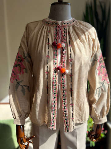 Rose Embroidered Bohemian Jacket – Vintage Loose Fit with Pompom Details | Retro Hippie Chic Design