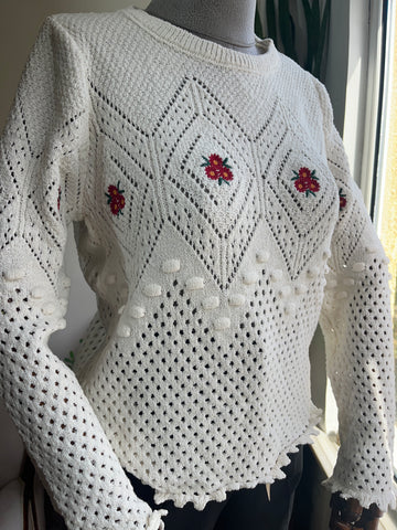 Chic White Crew Neck Sweater with Pom-Pom & Red Flower Details – Cozy & Stylish for Any Occasion