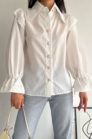 White Bib Collar, Lace Detailed Princess Sleeves, Button Detailed Cotton Shirt