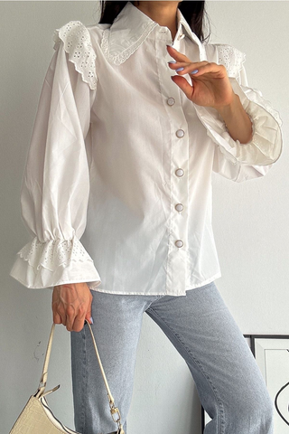 White Bib Collar, Lace Detailed Princess Sleeves, Button Detailed Cotton Shirt