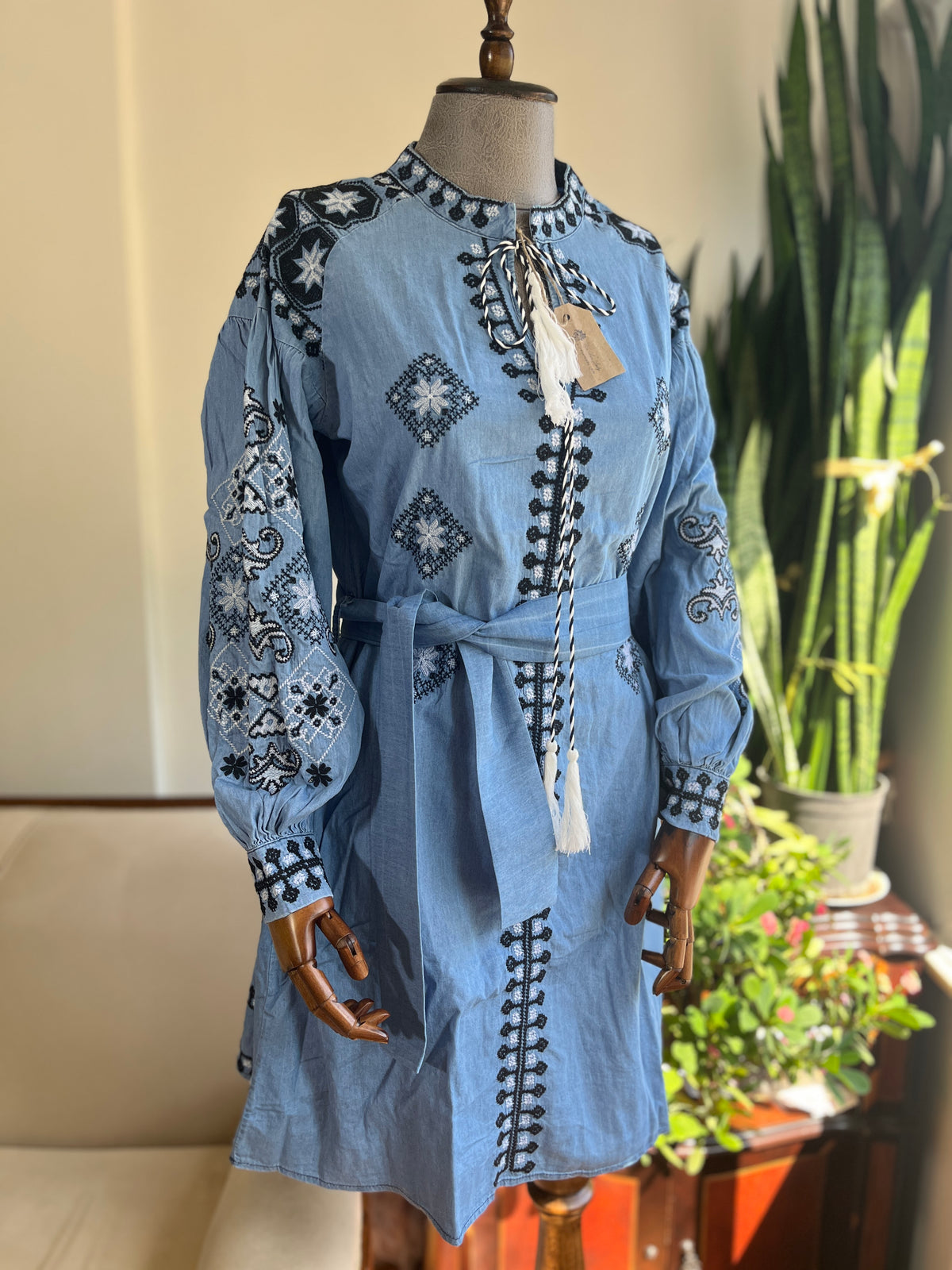 Boho Belted Denim Look Dress – Ethnic Embroidered Chic Party Outfit