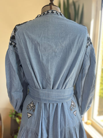 Boho Belted Denim Look Dress – Ethnic Embroidered Chic Party Outfit