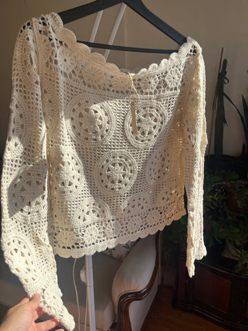 Boho Style Crochet Blouse with Flared Sleeves and Ethnic Patterns – Open Beige Top