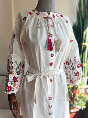 Floral Embroidered Long Balloon Sleeve Dress – Boho Chic Maxi Dress, Vintage Elegant Outfit