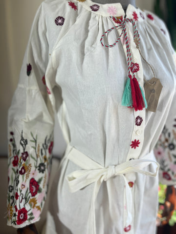 Floral Embroidered Long Balloon Sleeve Dress – Boho Chic Maxi Dress, Vintage Elegant Outfit