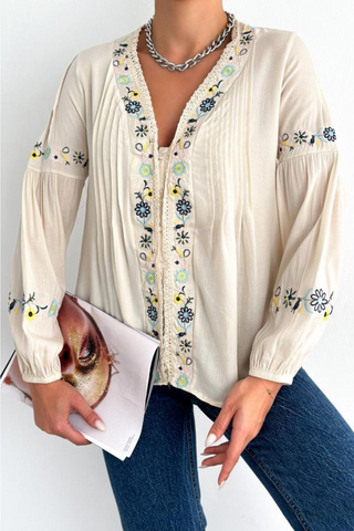 Lace Detailed Balloon Sleeve Floral Embroidered Shirt