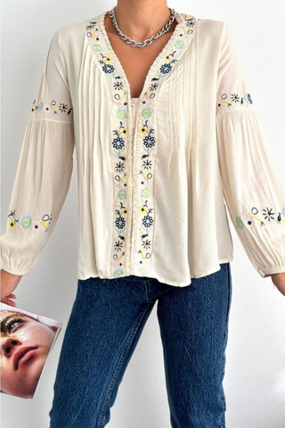 Lace Detailed Balloon Sleeve Floral Embroidered Shirt