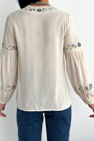 Lace Detailed Balloon Sleeve Floral Embroidered Shirt