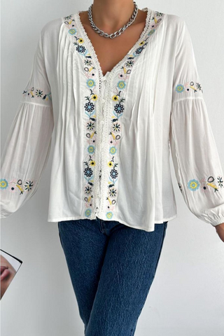 Lace Detailed Balloon Sleeve Floral Embroidered Shirt