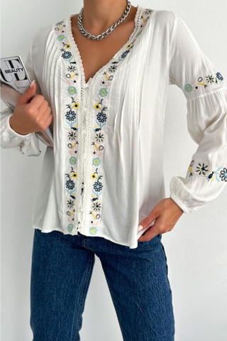 Lace Detailed Balloon Sleeve Floral Embroidered Shirt