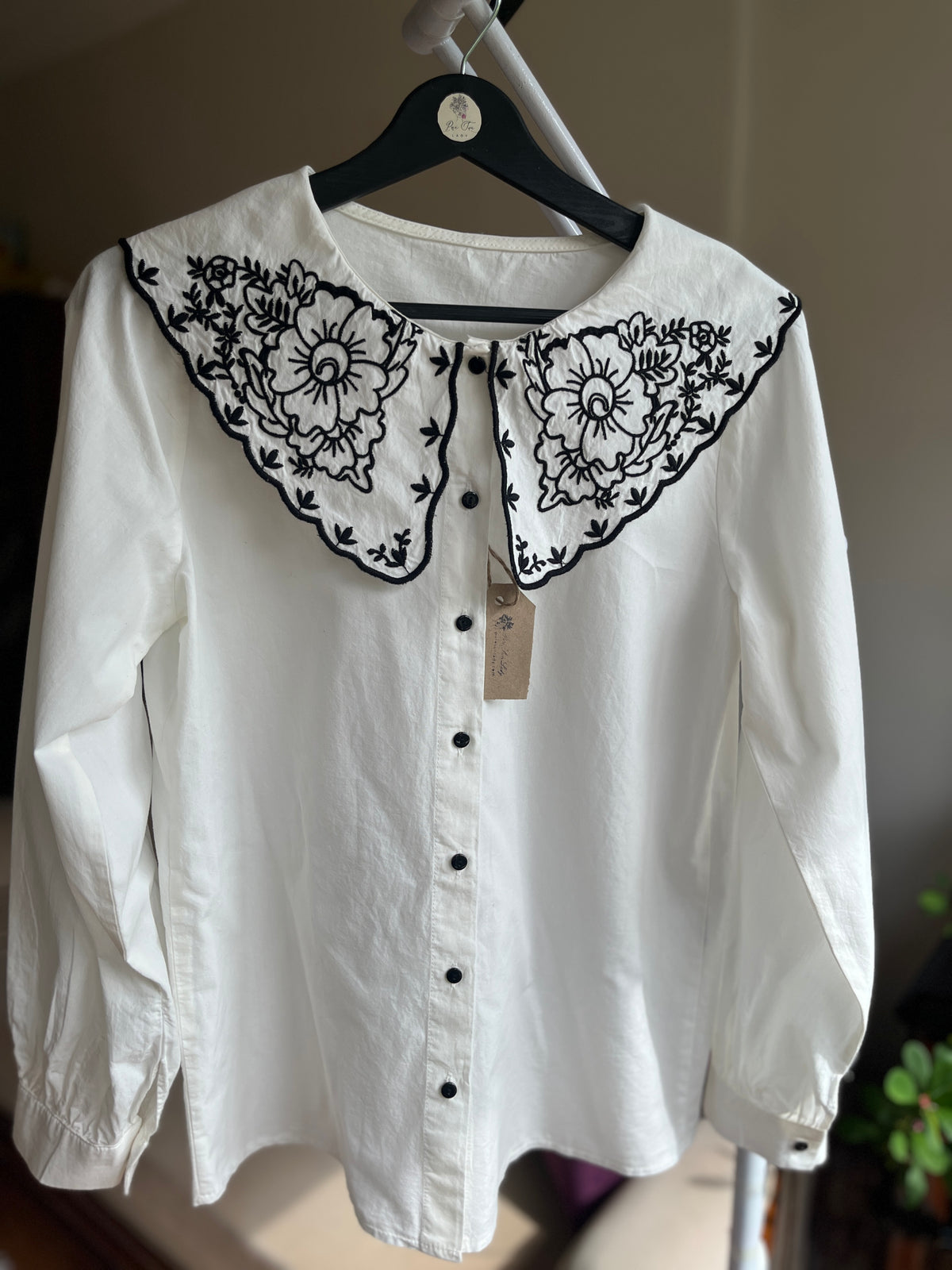 Women's Ecru Collar Black Floral Embroidery Cotton Shirt - Pleated Back, Crew Neck Styl