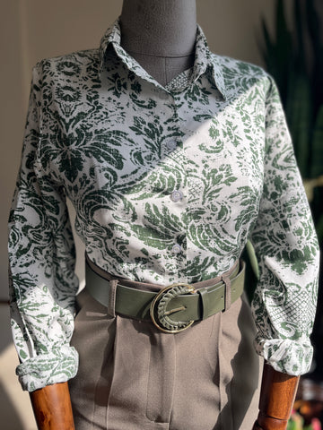 Stylish Patterned Khaki Viscose Long Sleeve Shirt for Effortless Elegance