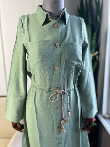 Women's Linen Khaki Look Polo Neck Long Sleeve Vintage Shirt Dress | Buttoned Straw Rope Casual Maxi Dress