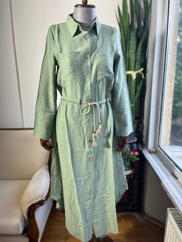 Women's Linen Khaki Look Polo Neck Long Sleeve Vintage Shirt Dress | Buttoned Straw Rope Casual Maxi Dress