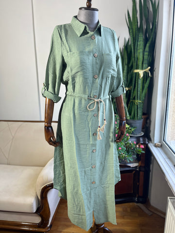 Women's Linen Khaki Look Polo Neck Long Sleeve Vintage Shirt Dress | Buttoned Straw Rope Casual Maxi Dress