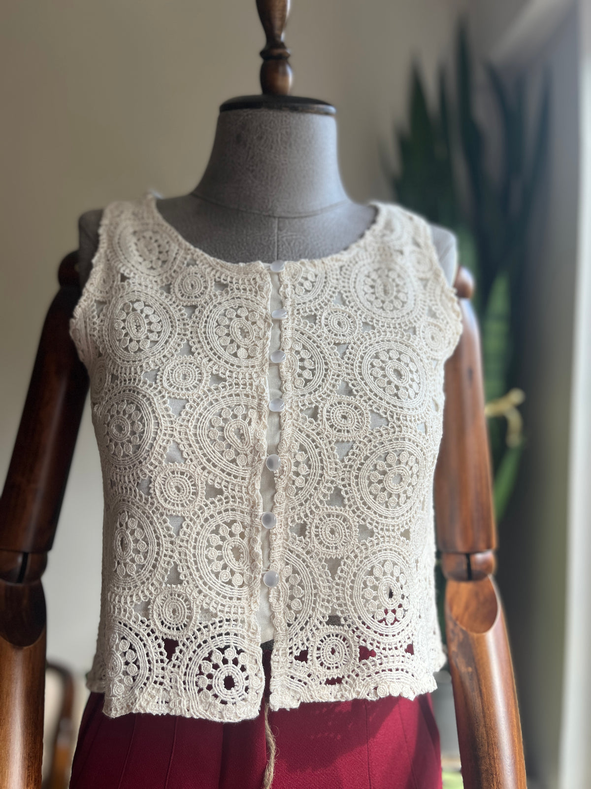 Women's Beige Ethnic Pattern Laced Vest for Women – Button Detailed and Lined for Ultimate Comfort