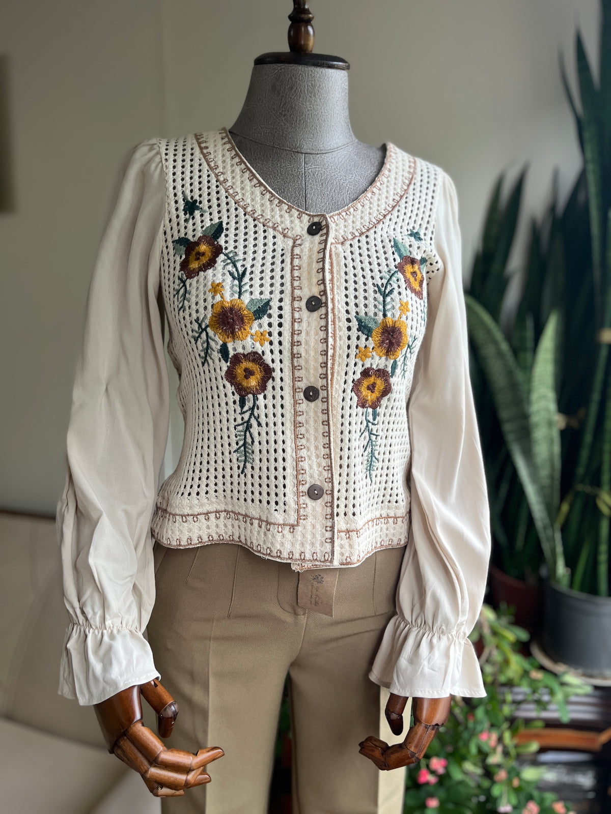 Chic Women's Beige Elastic Blouse with Delicate Yellow Floral Mesh – Stylish Button-Up Romantic Top for Special Occasions, Elegant Gift for Her, Feminine Spring & Autumn Outfit Idea