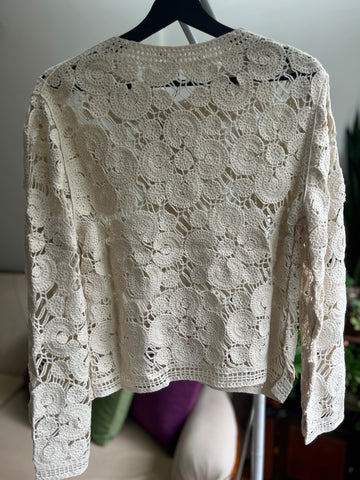 Women's Beige Crochet Cardigan with Button Detail | Romantic Style & Comfort