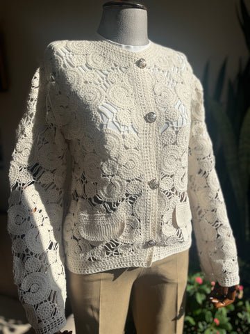 Women's Beige Crochet Cardigan with Button Detail | Romantic Style & Comfort