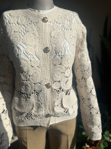 Women's Beige Crochet Cardigan with Button Detail | Romantic Style & Comfort