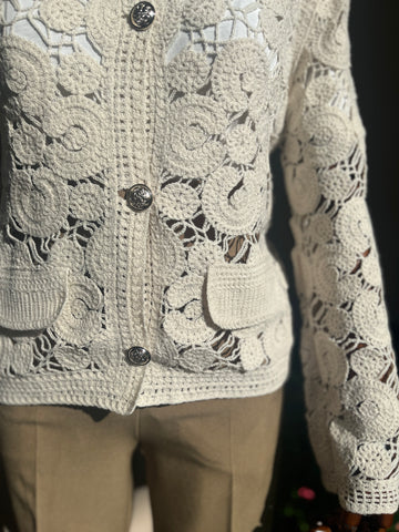 Women's Beige Crochet Cardigan with Button Detail | Romantic Style & Comfort