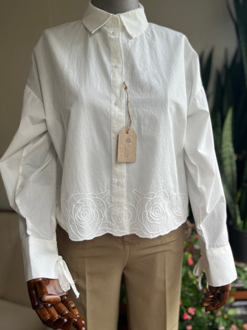 Stylish Women's Shirt: Ties on Sleeves & Floral Embroidery on Skirt