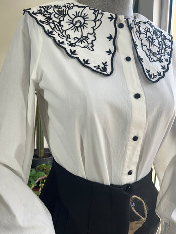 Women's Ecru Collar Black Floral Embroidery Cotton Shirt - Pleated Back, Crew Neck Styl