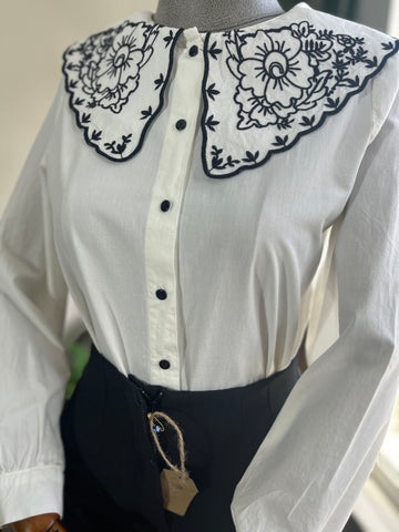 Women's Ecru Collar Black Floral Embroidery Cotton Shirt - Pleated Back, Crew Neck Styl