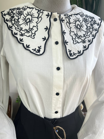 Women's Ecru Collar Black Floral Embroidery Cotton Shirt - Pleated Back, Crew Neck Styl