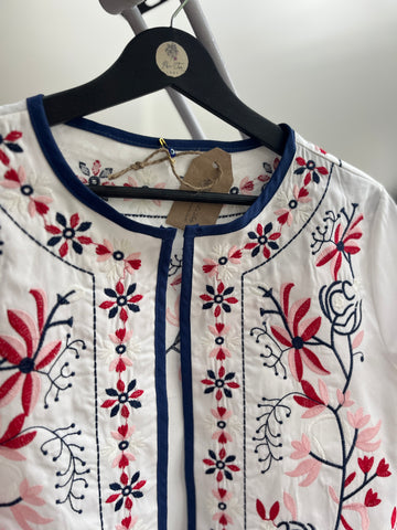 Women's Blue Red Floral Embroidered Ethnic Jacket with Balloon Sleeves | Unique Boho Style