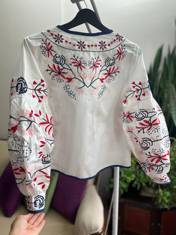 Women's Blue Red Floral Embroidered Ethnic Jacket with Balloon Sleeves | Unique Boho Style