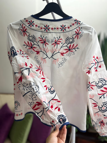 Women's Blue Red Floral Embroidered Ethnic Jacket with Balloon Sleeves | Unique Boho Style