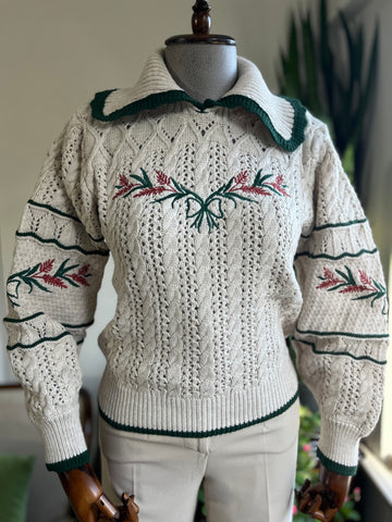 Christmas-Themed Khaki Striped Sweater – Floral Patterned, Collared, Warm Winter Style with Hair Knitting Detail