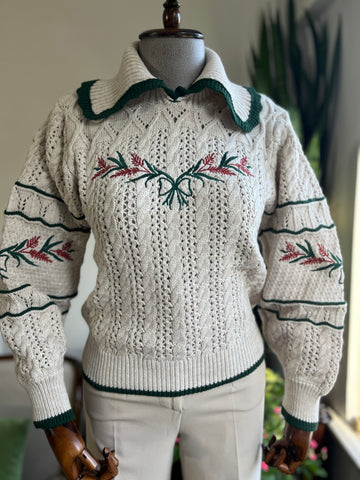 Christmas-Themed Khaki Striped Sweater – Floral Patterned, Collared, Warm Winter Style with Hair Knitting Detail