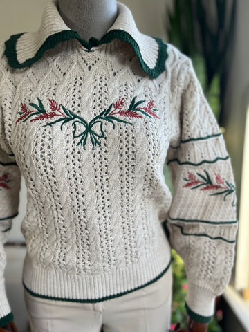 Christmas-Themed Khaki Striped Sweater – Floral Patterned, Collared, Warm Winter Style with Hair Knitting Detail