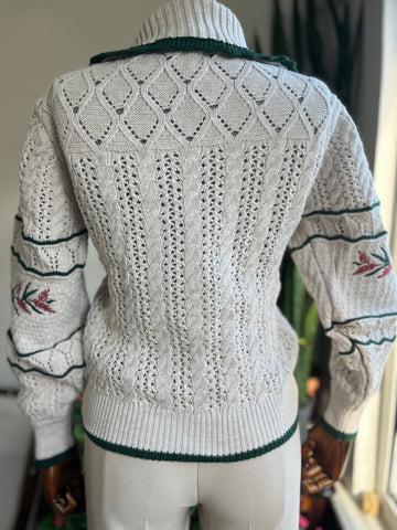 Christmas-Themed Khaki Striped Sweater – Floral Patterned, Collared, Warm Winter Style with Hair Knitting Detail