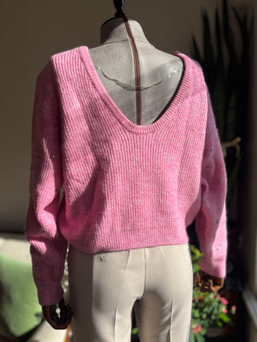 Pink Pearl & Bead Embroidered Backless Short Sweater - Trendy Women's Fashion