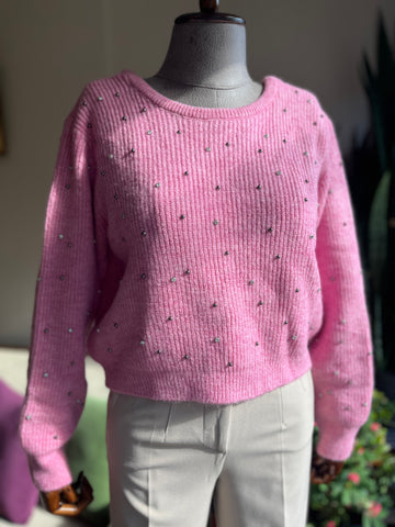 Pink Pearl & Bead Embroidered Backless Short Sweater - Trendy Women's Fashion