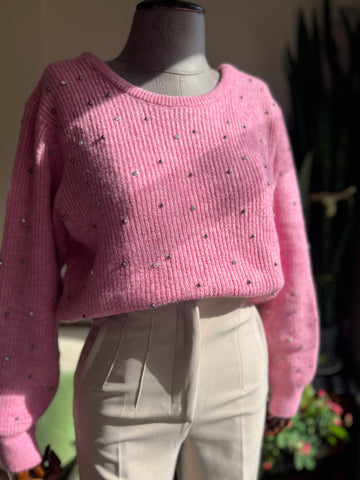 Pink Pearl & Bead Embroidered Backless Short Sweater - Trendy Women's Fashion