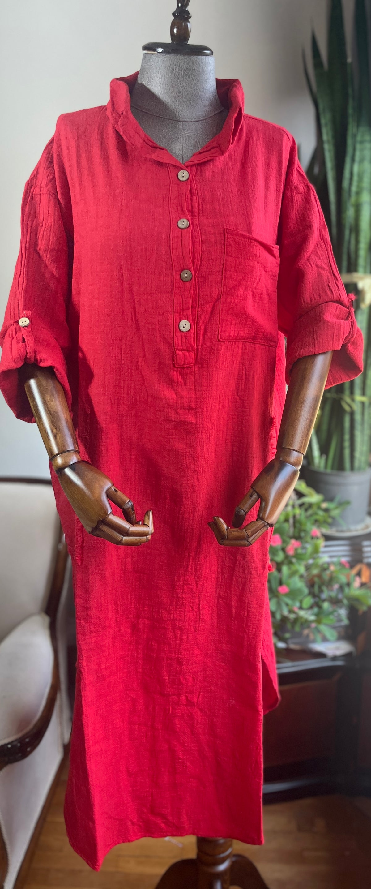 Bohemian Style Red 100% Cotton Linen Look Dress – Standard Size, Flowy & Chic