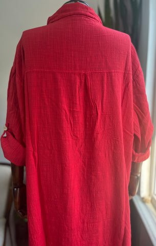 Bohemian Style Red 100% Cotton Linen Look Dress – Standard Size, Flowy & Chic